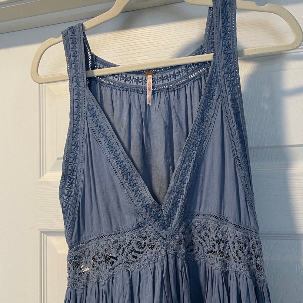 Free People Dusty Blue Sleeveless Maxi Dress Laced Embroidered Size Small - Picture 4 of 11